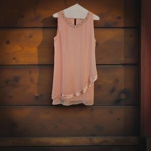 SLNY Light Pink Chiffon Sleeveless Dress with Embellished Neckline